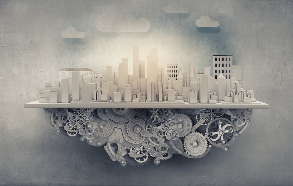 City construction model with cogwheel mechanism on grunge background-1